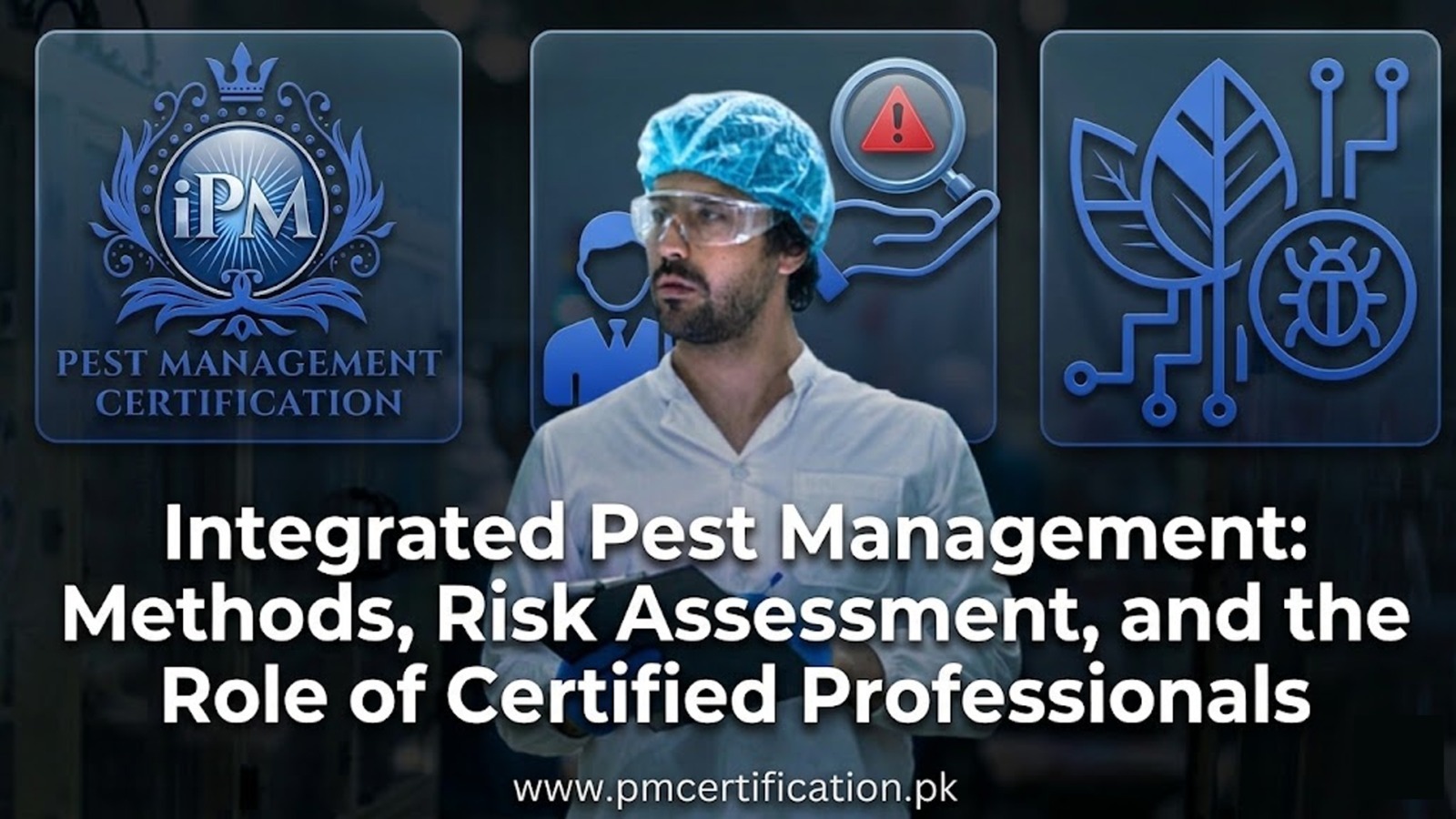 Promotional banner featuring a pest management professional highlighting Integrated Pest Management methods, risk assessment, and certified expertise.
