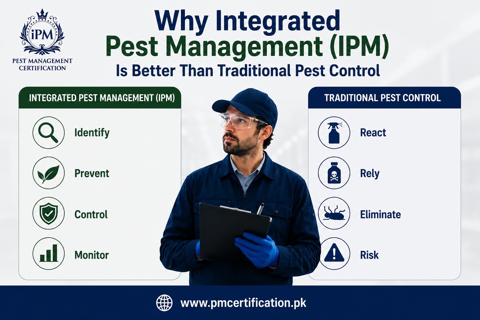 Infographic comparing Integrated Pest Management (IPM) vs traditional pest control, highlighting prevention vs reaction.