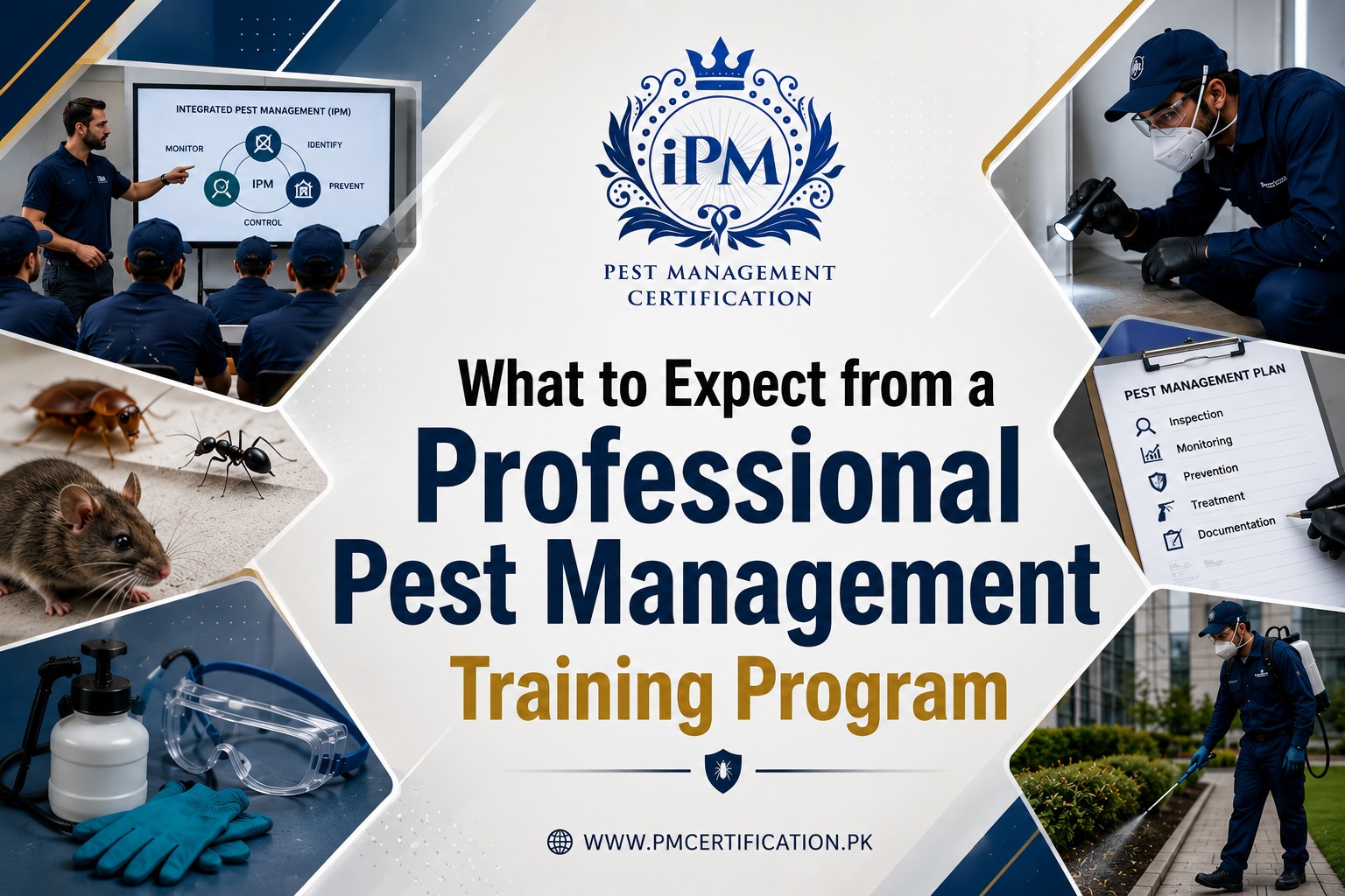 Professional pest management training program covering IPM, pest inspection, safety, monitoring, and certification.