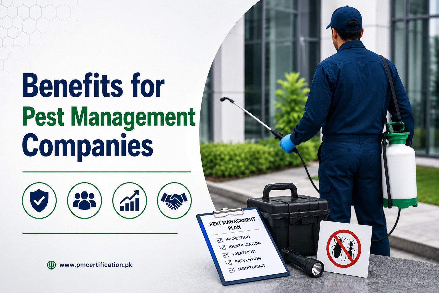 Certified Technician Program benefits shown as a pest control technician sprays outside a commercial building