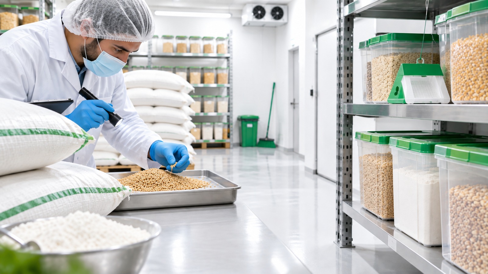 Pest control technician examining grain samples with a flashlight for red flour beetle integrated pest management in a food storage facility.