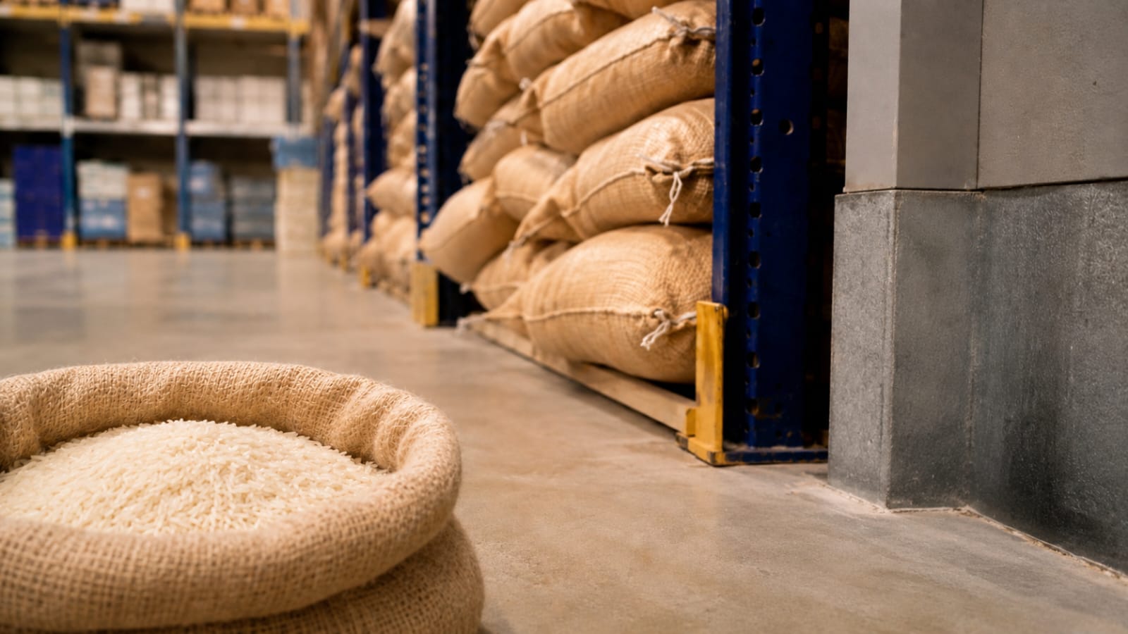 Rice stored in a jute bag inside a warehouse for protection from stored product pests.