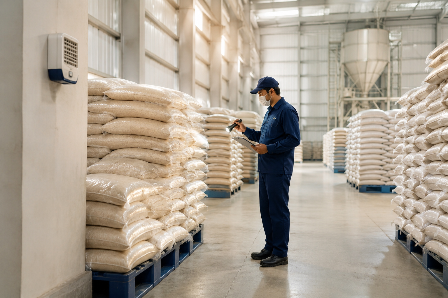 Integrated Pest Management professional inspecting stacked rice bags in a clean storage warehouse